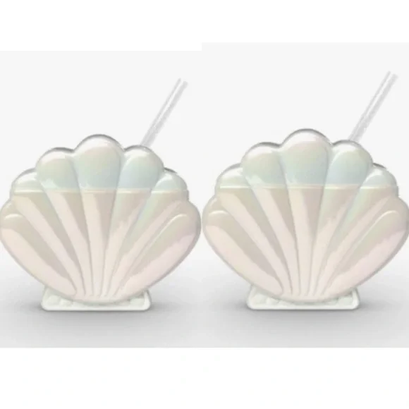Sun Squad Tumblers Shell Shaped Iridescent With Straws Set of Two NWT - Picture 1 of 1